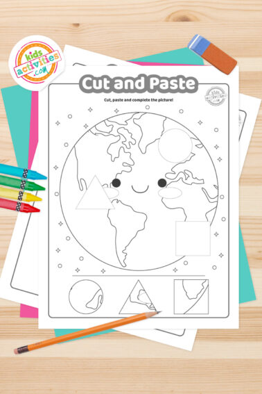 Black and white cut and paste worksheets on top of blue-green and purple sheets with assorted markers on a brown background. printed pdf version from Kids activities blog.