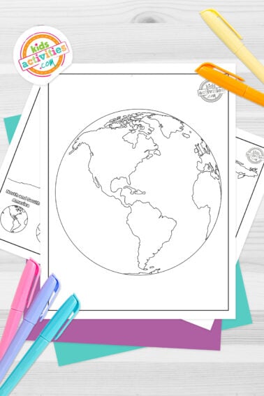 printable world map pdf showing the American continent on top of a green and purple sheets, over a light grey background decorated with markers
