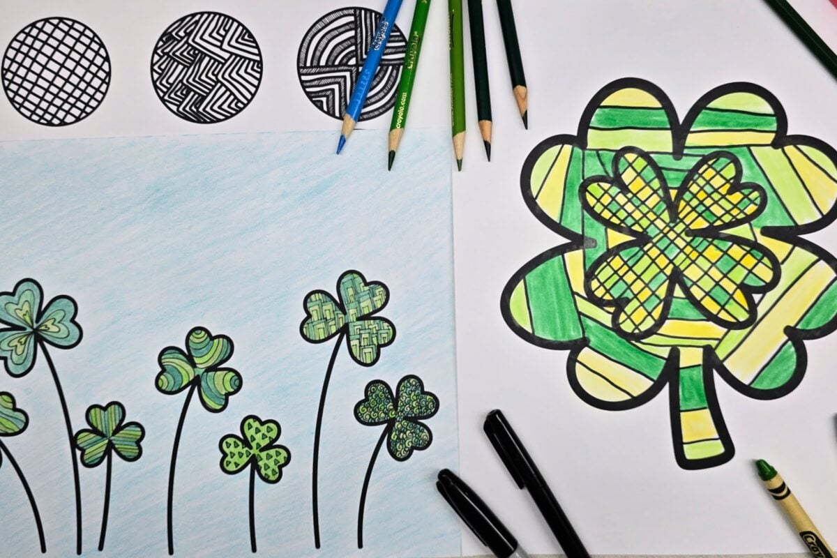completed shamrock zentangle art projects using colored pencils and crayons - kids activities blog