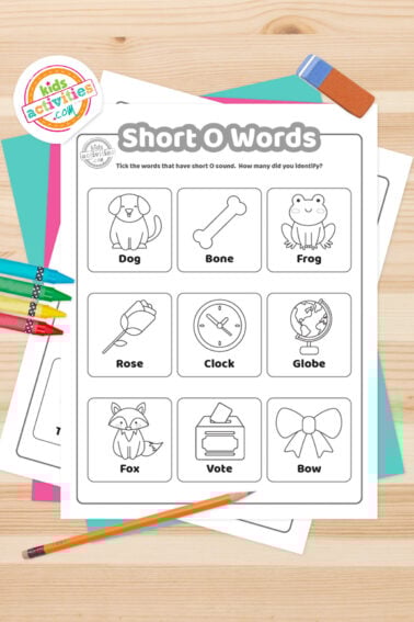 Black and white printed short O words worksheets on top of blue-green and purple sheets with assorted markers on a dark grey background. printed pdf version from Kids activities blog.